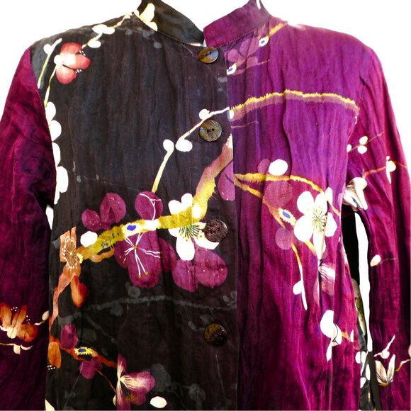 Citron Santa Monica Purple SiLK CoTToN Metallic Orchid Floral Mandarin Long Slv - Picture 3 of 8